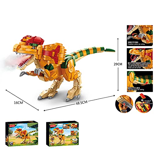 WWEI Juguete de construcción de dinosaurio, Spinosaurus con módulo de pulverización Jurassic World para niños, 1355 bloques de sujeción, compatible con Lego