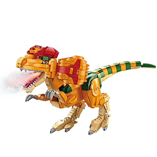 WWEI Juguete de construcción de dinosaurio, Spinosaurus con módulo de pulverización Jurassic World para niños, 1355 bloques de sujeción, compatible con Lego