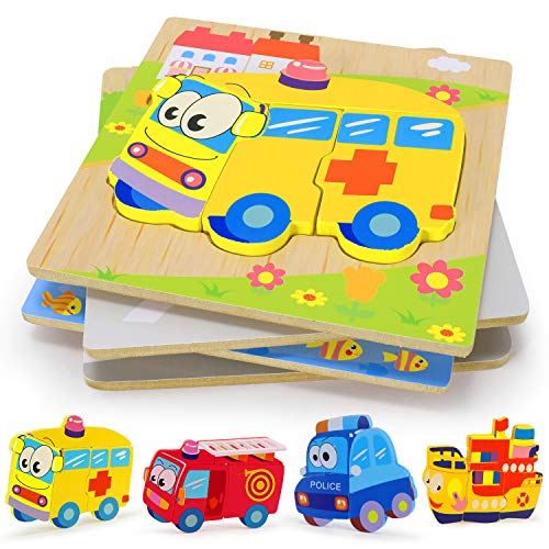 XDDIAS Puzzles de Madera Educativos, Juguetes Montessori para Bebé niños 1 2 3 4 5 6 años, Preescolar Juguetes Regalos, Regalo de cumpleaños, Navidad (4 Piezas) (Auto)