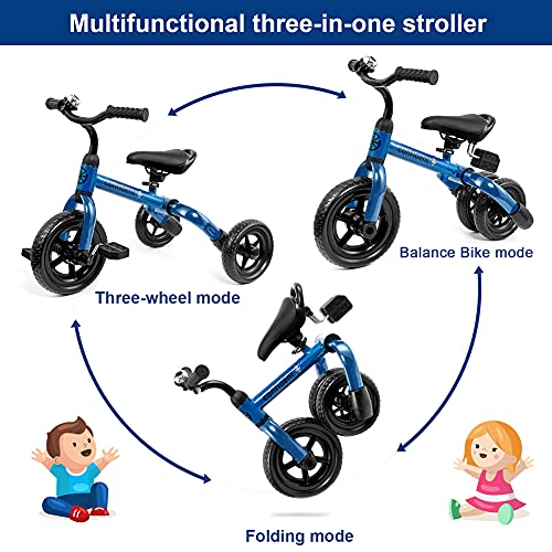 XIAPIA 3 en 1 Triciclo Bebé para Niños de 2-4 Años hasta 25KG, Correpasillos de Equilibrio Infántil Plegable, Juguete Niños y Regalos Originales Bebes de 18-48 Meses para Cumpleaños Navidad (Azul)