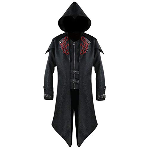 Xisimei Chaqueta de hombre Assassins Creed, disfraz vintage medieval, gótico, chaqueta de piel con capucha, disfraz para festivales, carnaval, cosplay, fiestas de Colonia, Negro , XL