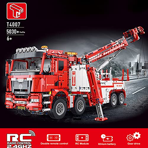 xSuper Technics RC Bloques de construcción de motor de bomberos modelo con 13 motores, 5030 piezas Red Technics Truck Fire Engine Technics modelo de grúa, compatible con Lego Technic