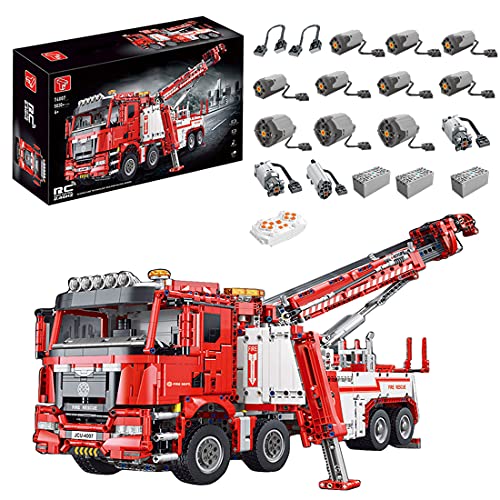 xSuper Technics RC Bloques de construcción de motor de bomberos modelo con 13 motores, 5030 piezas Red Technics Truck Fire Engine Technics modelo de grúa, compatible con Lego Technic