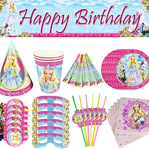 XXZY 44Pcs Fiesta Decoración,Juego de artículos para fiestas de princesas,Incluidos vasos de papel, sombreros de papel, pajitas los ojos y otros artículos para fiestas