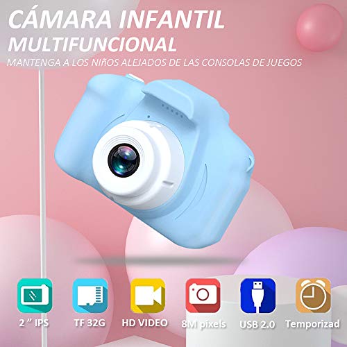 Yicente Cámara Infantil para Niños 1080P HD Cámara Juguete para Niños Selfie Foto Video Cámara Infantil con Tarjeta TF 32GB Video Cámara Digital Regalos para Niños Cámara para Niños Recargable