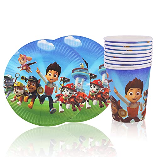 Yisscen Juego de vajilla para fiestas, decoración de cumpleaños para niños, Paw Dog Patrol fiestas de cumpleaños infantiles, platos, tazas, servilletas, manteles, tenedores, banners (82 piezas)