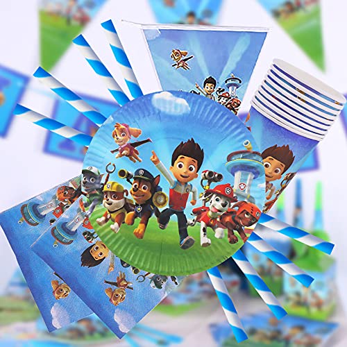 Yisscen Juego de vajilla para fiestas, decoración de cumpleaños para niños, Paw Dog Patrol fiestas de cumpleaños infantiles, platos, tazas, servilletas, manteles, tenedores, banners (82 piezas)