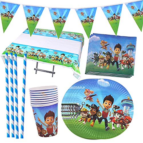 Yisscen Juego de vajilla para fiestas, decoración de cumpleaños para niños, Paw Dog Patrol fiestas de cumpleaños infantiles, platos, tazas, servilletas, manteles, tenedores, banners (82 piezas)