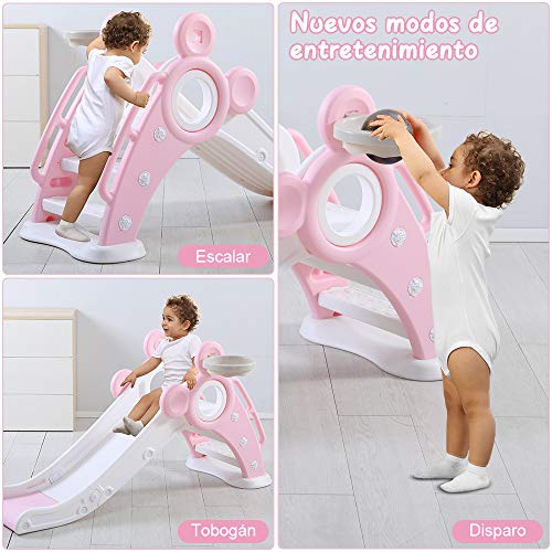 YOLEO Tobogán Infantil Plegable, Tobogán para Niños Exterior y Interior con Canasta de Baloncesto, Multifunción e Seguro, 125 x 33 x 66 cm, hasta 25 kg, Rosa