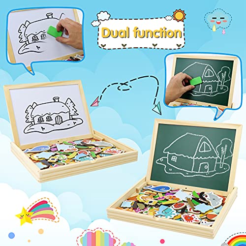 yoptote 120 Piezas Puzzles de Madera Magnético,Pizarra Magnética Rompecabezas Madera Tablero de Dibujo de Doble Cara Juguete Educativo Pesca para Niños 3 4 5 Años