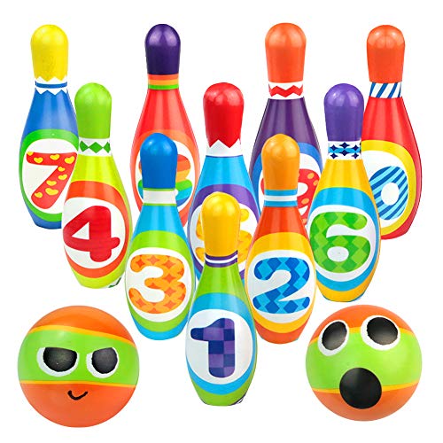 yoptote Bolos Infantiles Sets de Bolos Juguete Bowling Juegos Bowling Juegos Party Exterior Jardin 10 Pins Juego de Bolos Desarrollo de Habilidades Motoras Esponja Número Pelota Niño 3 Años+