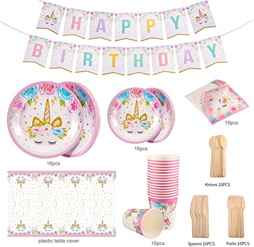 Yosemy Vajilla de Unicornio Cumpleaños 114pcs/16 Set Accesorio de Decoración de Fiesta de Cumpleaños Utensilios para Celebración Pancarta, Platos, Pajitas, Servilletas y Mantel Resistente–Rosa