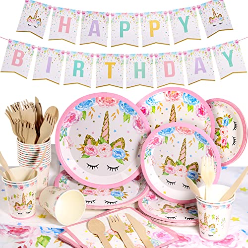 Yosemy Vajilla de Unicornio Cumpleaños 114pcs/16 Set Accesorio de Decoración de Fiesta de Cumpleaños Utensilios para Celebración Pancarta, Platos, Pajitas, Servilletas y Mantel Resistente–Rosa