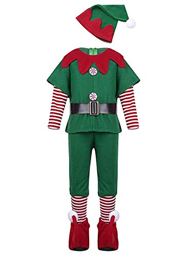 YOSICIL Niñas Niños Disfraz de Navidad Conjunto Disfraz Elfo Pantalones+Gorra+Calcetines Duende Costume Elfo Traje Navideño para Adultos 2-16 Años