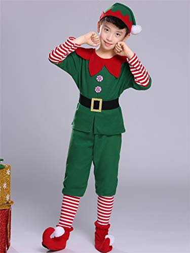 YOSICIL Niñas Niños Disfraz de Navidad Conjunto Disfraz Elfo Pantalones+Gorra+Calcetines Duende Costume Elfo Traje Navideño para Adultos 2-16 Años