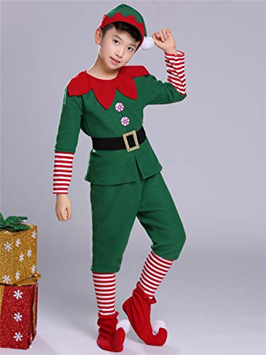 YOSICIL Niñas Niños Disfraz de Navidad Conjunto Disfraz Elfo Pantalones+Gorra+Calcetines Duende Costume Elfo Traje Navideño para Adultos 2-16 Años