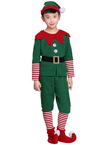 YOSICIL Niñas Niños Disfraz de Navidad Conjunto Disfraz Elfo Pantalones+Gorra+Calcetines Duende Costume Elfo Traje Navideño para Adultos 2-16 Años