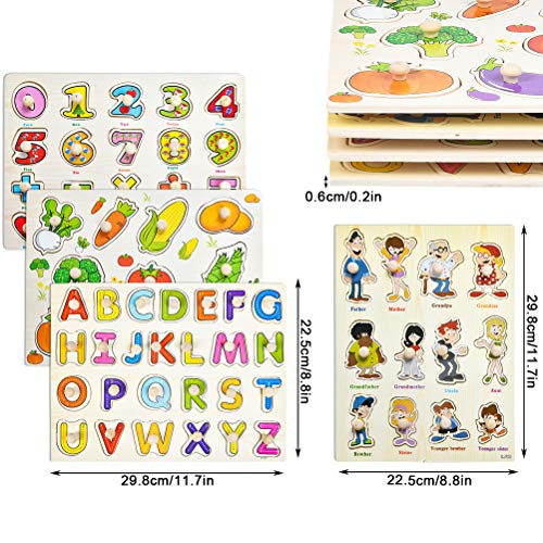 YOTINO 4 Juegos de Rompecabezas de Madera Puzzle de Madera números y Fruta Puzzles para niños Carta educativa Rompecabezas Coloridos Bloques de construcción, preescolares