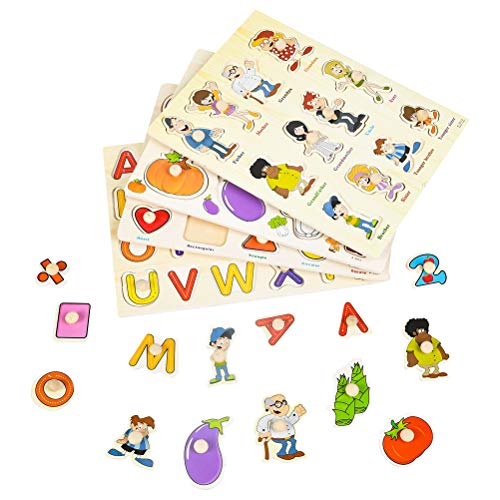 YOTINO 4 Juegos de Rompecabezas de Madera Puzzle de Madera números y Fruta Puzzles para niños Carta educativa Rompecabezas Coloridos Bloques de construcción, preescolares