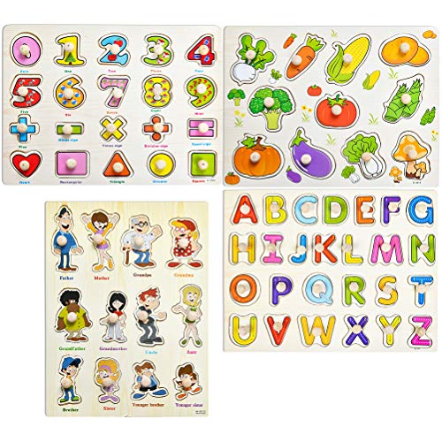 YOTINO 4 Juegos de Rompecabezas de Madera Puzzle de Madera números y Fruta Puzzles para niños Carta educativa Rompecabezas Coloridos Bloques de construcción, preescolares