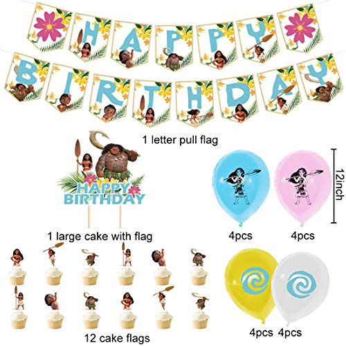 YUESEN Moana Decoración Globos de Fiesta Látex Balloons Happy Birthday Banner Cake Topper Suministros de Fiesta Decoración Cumpleaños de Moana para Niños 30 Piezas