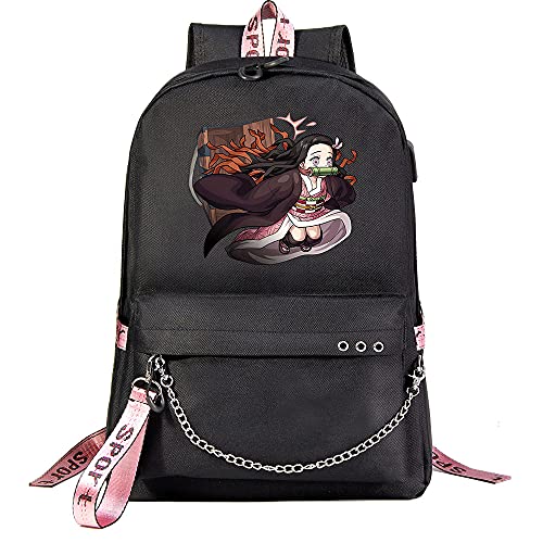 Yumenam Unisex Mochila con Puerto de Carga USB Estampado Kamado Nezuko 3D Kimetsu no Yaiba Mochila Bolsa de Viaje Bolsa Portátil School Bag para Fans de Anime Demon Slayer