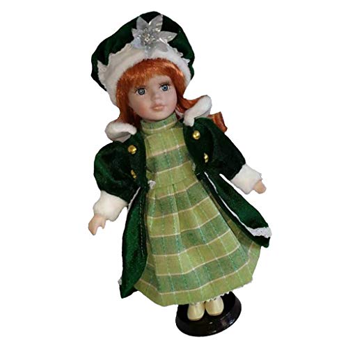 yunyu Muebles de la casa de muñecas, 30cm Vintage Porcelain Dolls Girl in Green Dress and Hat with Display Stand, Exquisita Mano de Obra para House Collection Kids Play Dolls