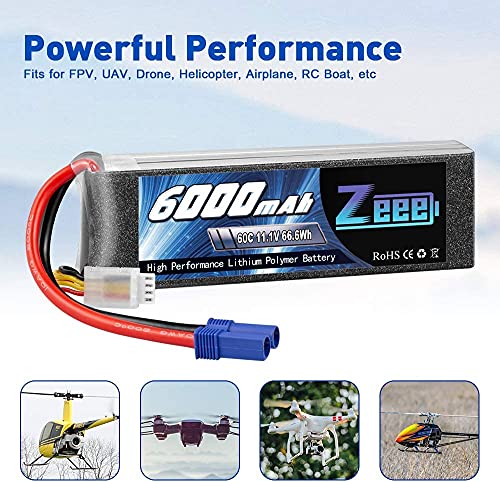 Zeee 3S Lipo Battery 6000mAh 60C 11.1V RC Battery con EC5 Plug para helicóptero, avión, dji F450 Quadcopter, RC Airplane, RC Car Truck Boat (2 Paquetes)