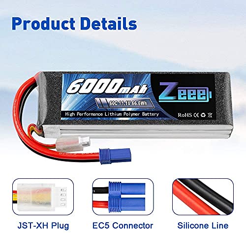 Zeee 3S Lipo Battery 6000mAh 60C 11.1V RC Battery con EC5 Plug para helicóptero, avión, dji F450 Quadcopter, RC Airplane, RC Car Truck Boat (2 Paquetes)