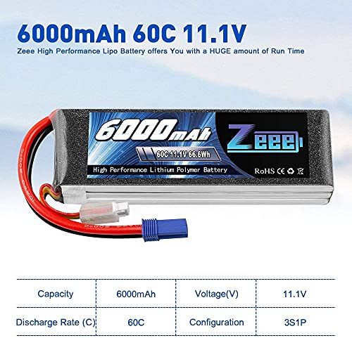 Zeee 3S Lipo Battery 6000mAh 60C 11.1V RC Battery con EC5 Plug para helicóptero, avión, dji F450 Quadcopter, RC Airplane, RC Car Truck Boat (2 Paquetes)