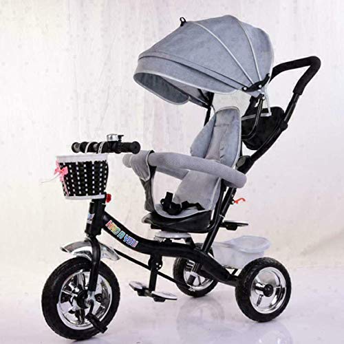 ZJWD Triciclo Plegable para Niños, Triciclo Multifuncional con Asa para Empujar Y Montar En El Triciclo para Bebés con Toldo De Protección Solar Retráctil Empujador De Pedal Ajustable,Gris