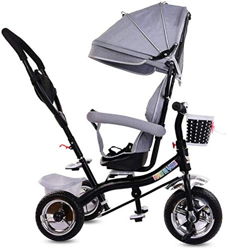 ZJWD Triciclo Plegable para Niños, Triciclo Multifuncional con Asa para Empujar Y Montar En El Triciclo para Bebés con Toldo De Protección Solar Retráctil Empujador De Pedal Ajustable,Gris