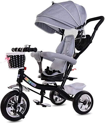 ZJWD Triciclo Plegable para Niños, Triciclo Multifuncional con Asa para Empujar Y Montar En El Triciclo para Bebés con Toldo De Protección Solar Retráctil Empujador De Pedal Ajustable,Gris