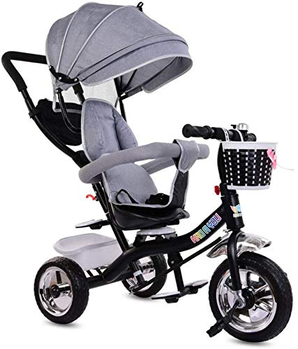 ZJWD Triciclo Plegable para Niños, Triciclo Multifuncional con Asa para Empujar Y Montar En El Triciclo para Bebés con Toldo De Protección Solar Retráctil Empujador De Pedal Ajustable,Gris