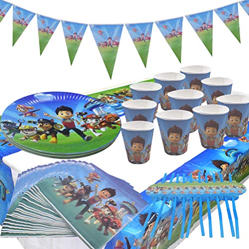 ZSWQ 52pcs Vajilla Diseño de Paw Patrol Accesorio de Decoración de Fiesta de Cumpleaños Apoyo para Celebración Pancarta Platos Vasos Servilletas y Mantel Resistente