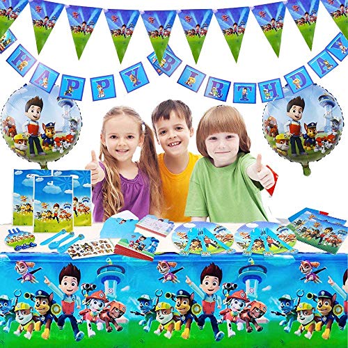 ZSWQ 52pcs Vajilla Diseño de Paw Patrol Accesorio de Decoración de Fiesta de Cumpleaños Apoyo para Celebración Pancarta Platos Vasos Servilletas y Mantel Resistente