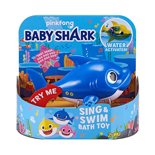 ZURU ROBO ALIVE JUNIOR- Pinkfong Baby Daddy Shark, juguete de baño para nadar y cantar a batería, por ZURU, individual, Color azul (25282B)