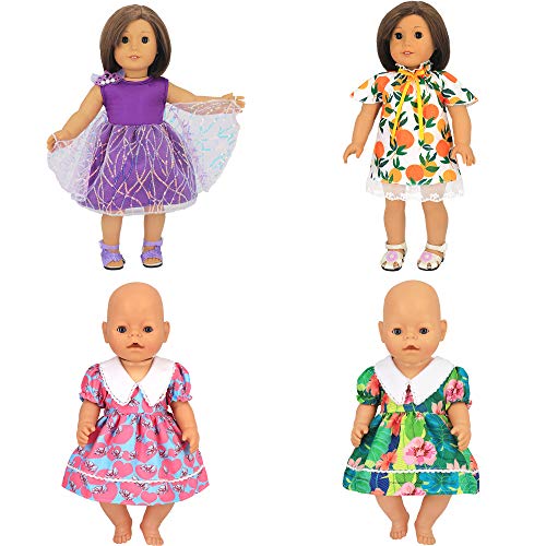 ZWOOS Ropa de Muñeca Bebé para New Born Baby Doll, Adorable Vestido de Algodón para Muñecas 36-43 cm, Paquete de 4