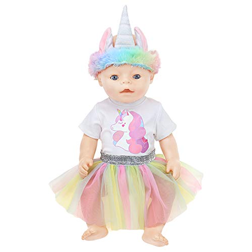 ZWOOS Ropa para Muñecas bebé, Mameluco Unicornio y Falda y Diadema para Muñecas 35-43 cm, Juego de 3