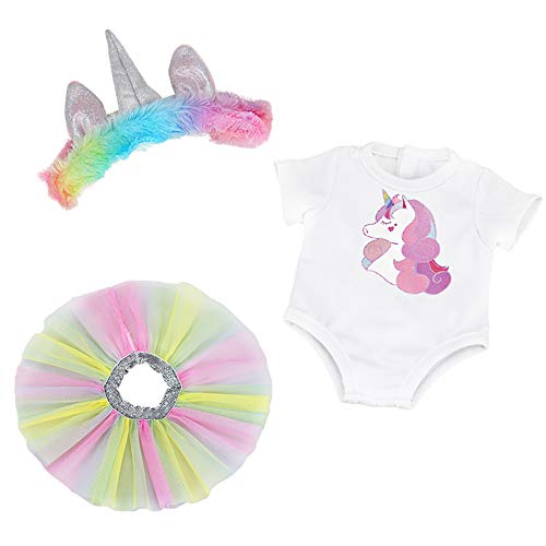 ZWOOS Ropa para Muñecas bebé, Mameluco Unicornio y Falda y Diadema para Muñecas 35-43 cm, Juego de 3