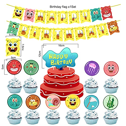 12 PCS Bob Esponja Decoración para Fiestas HANEL-Bob Esponja Suministros para Fiesta Cumpleaños Cake Toppers,Cumpleaños Banner Decoraciones Accesorios