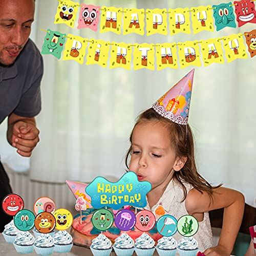 12 PCS Bob Esponja Decoración para Fiestas HANEL-Bob Esponja Suministros para Fiesta Cumpleaños Cake Toppers,Cumpleaños Banner Decoraciones Accesorios