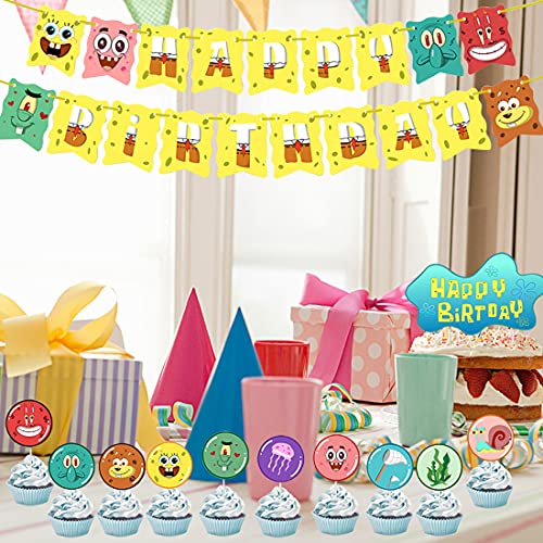 12 PCS Bob Esponja Decoración para Fiestas HANEL-Bob Esponja Suministros para Fiesta Cumpleaños Cake Toppers,Cumpleaños Banner Decoraciones Accesorios