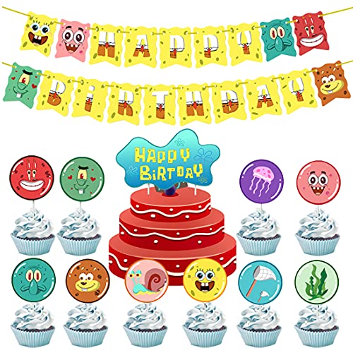 12 PCS Bob Esponja Decoración para Fiestas HANEL-Bob Esponja Suministros para Fiesta Cumpleaños Cake Toppers,Cumpleaños Banner Decoraciones Accesorios