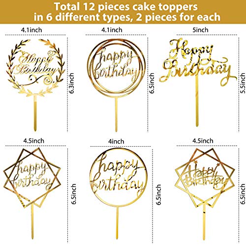 12 Piezas Topper de Pastel de Happy Birthday Topper de Magdalena de Cumpleraños Acrílico Decoraciones de Palo de Pastel para Fiesta Cumpleaños Postres Pasteles, 6 Estilos (Oro)