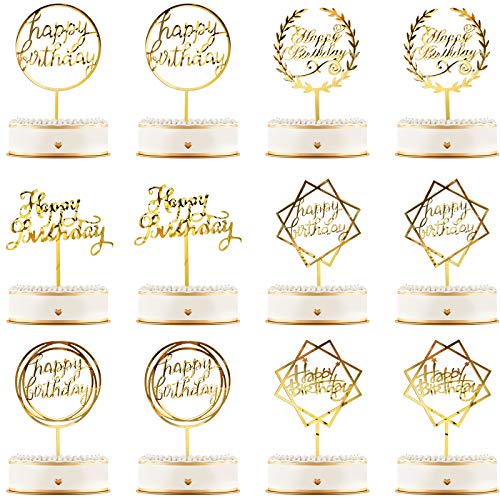 12 Piezas Topper de Pastel de Happy Birthday Topper de Magdalena de Cumpleraños Acrílico Decoraciones de Palo de Pastel para Fiesta Cumpleaños Postres Pasteles, 6 Estilos (Oro)