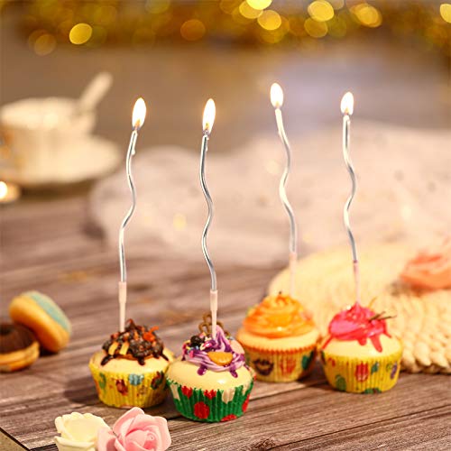 12 Piezas Velas de Cumpleaños Espiral Metálico Velas de Pastel Retorcidas Velas de Pastel Magdalena Metálico Velas de Pastel Enroscar Larga y Delgada para Fiesta Bodas Cumpleaños (Plata)