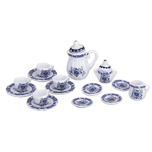 15 PCS Mini Juego de té Juguete Casa de té Tea Pot Cups Cups Placas Blue and White Porcelana, Casa de muñecas Accesorios