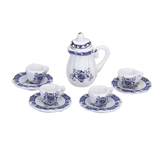 15 PCS Mini Juego de té Juguete Casa de té Tea Pot Cups Cups Placas Blue and White Porcelana, Casa de muñecas Accesorios