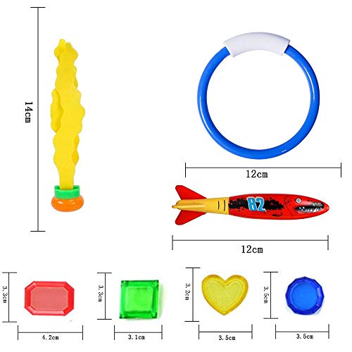 17 Piezas Juguete de Buceo,Juguete para Piscina Submarina,3 Piezas Algas de Buceo, 4 Piezas Círculos de Buceo, 4 Piezas Torpedos de Buceo, 6 Piezas Gemas de Buceo.